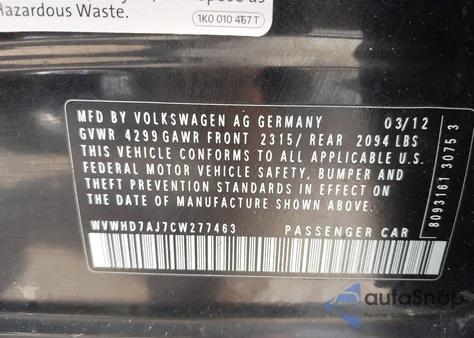 2012 Volkswagen Gti 4-Door Autobahn z USA, uszkodzony, nr VIN WVWHD7AJ7CW277463